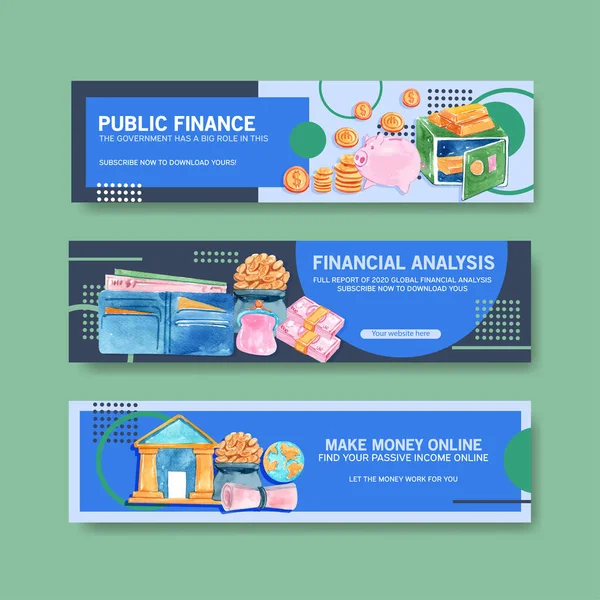 Pénzügy Banner Design Valutával Üzleti Banki Üzleti Akvarell Illusztráció — Stock Vector