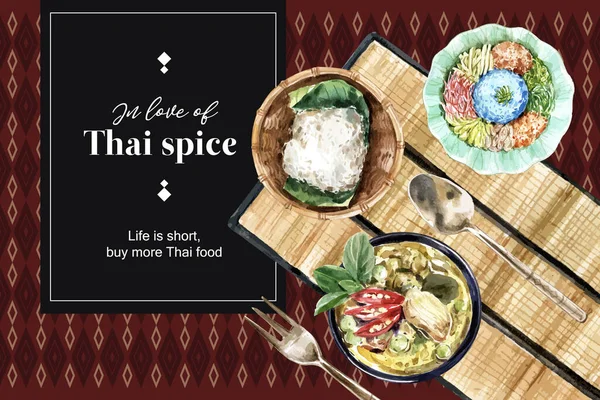 Gaya Thai Food Frame Template Design Text Vector Illustration - Stok Vektor