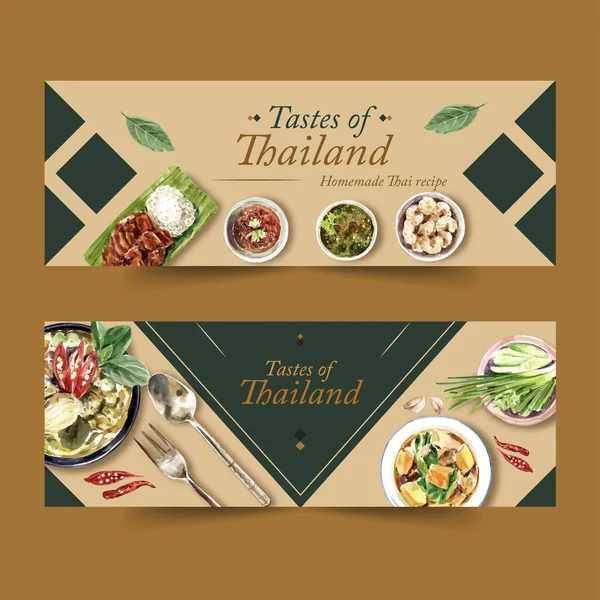 Gaya Thai Food Banner Template Desain Dengan Teks Vektor Ilustrasi - Stok Vektor