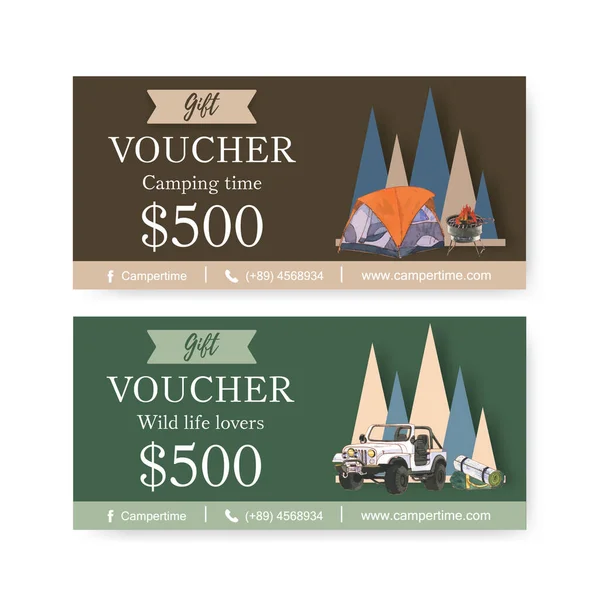 stylish camping vouchers template design with text, vector illustration