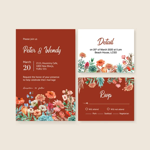 时尚婚礼卡片与花卉模板设计与文字 矢量插图 — 图库矢量图片