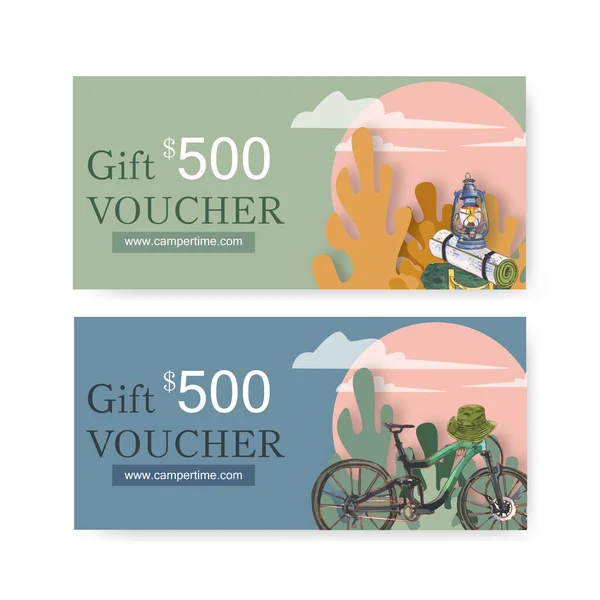 stylish camping vouchers template design with text, vector illustration