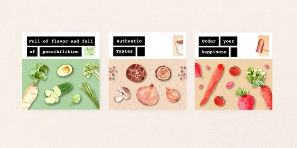 Stilvolle Karten Mit Verschiedenen Lebensmittelvorlagen Mit Text Vektorillustration — Stockvektor