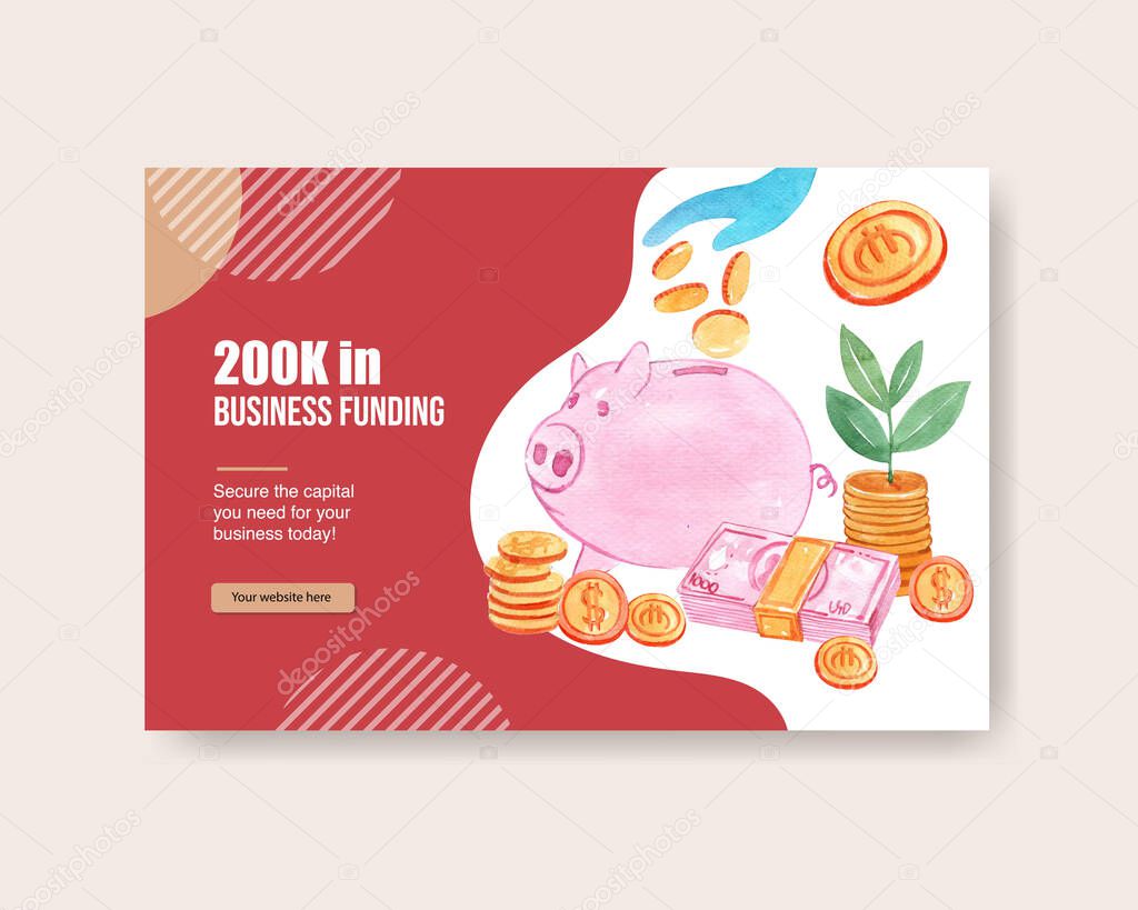 Facebook design template with Piggy bank with coins watercolor hand drawn illustration