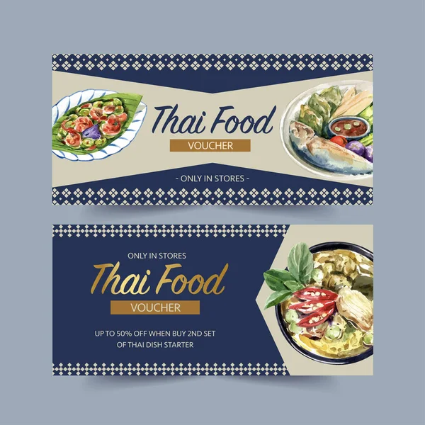 Gaya Thai Voucher Desain Makanan Dengan Teks Vektor Ilustrasi - Stok Vektor