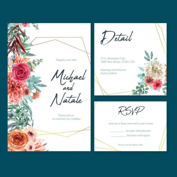 Stilvolle Hochzeitskarten Mit Blumen Vorlage Design Mit Text Vektorillustration — Stockvektor