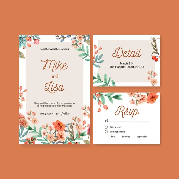 Cartões Casamento Elegantes Com Design Modelo Flores Com Texto Ilustração —  Vetores de Stock