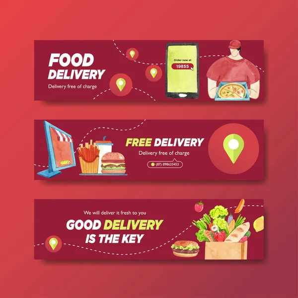 Diseño Banner Entrega Con Ilustración Alimentos Verduras Transporte Acuarela Logística — Vector de stock