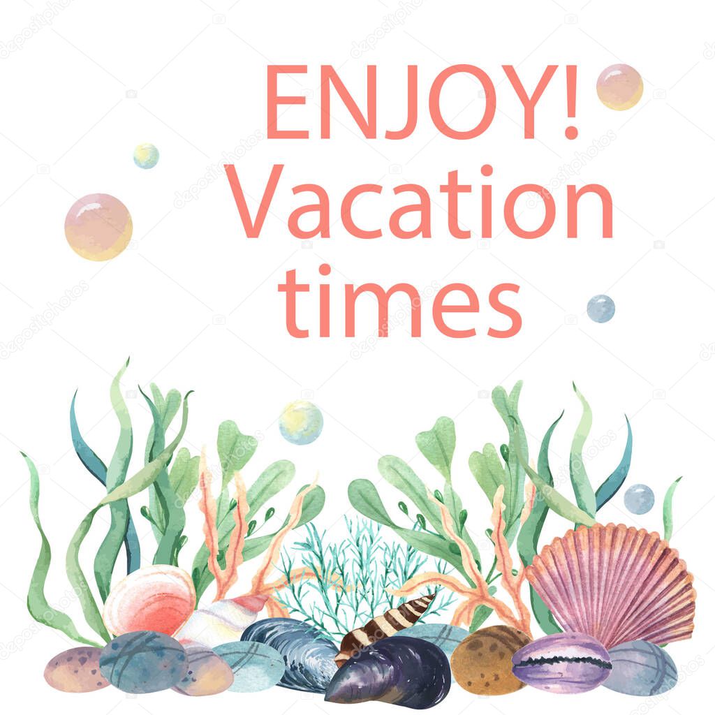 Sea shell marine life summertime travel on the beach ,aquarelle isolated, vector illustration Color Coral 2019 trendy