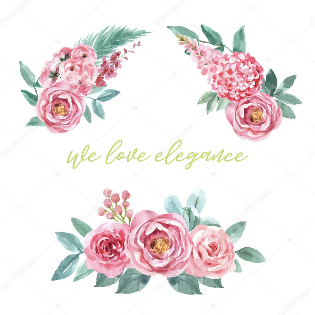 stylish watercolor set of flowers template design with text, vector illustration