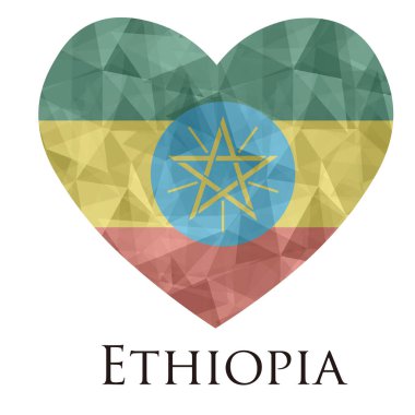 Etiyopya bayrağı şeklinde kalp. Üçgen dokusu, vektör illüstrasyonu. 