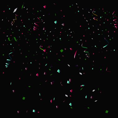 Siyah arkaplan şablon tasarımı, vektör illüstrasyonunda 3D renkli konfeti