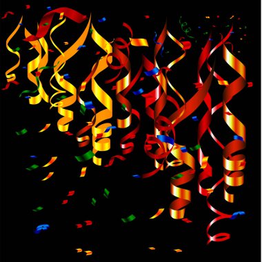 Siyah arkaplan şablon tasarımı, vektör illüstrasyonunda 3D renkli konfeti