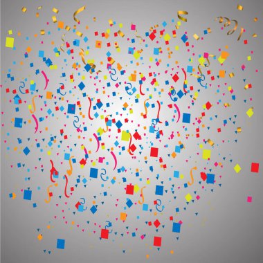 Gri arkaplan şablon tasarımı, vektör illüstrasyonunda 3D renkli konfeti