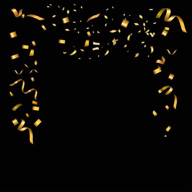 Siyah arkaplan şablon tasarımı, vektör illüstrasyonunda 3D altın konfeti