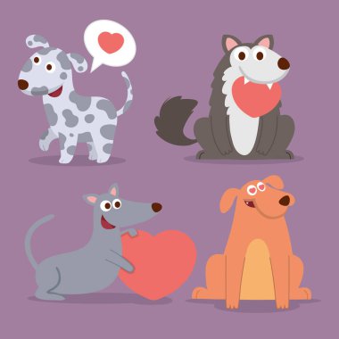 çizgi film setinin aşk köpekleri şablon tasarımı, vektör illüstrasyonu