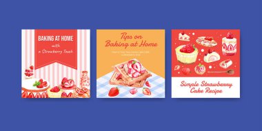 şık çilek pişirme kartları metin ve vektör illüstrasyonlu şablon tasarımı