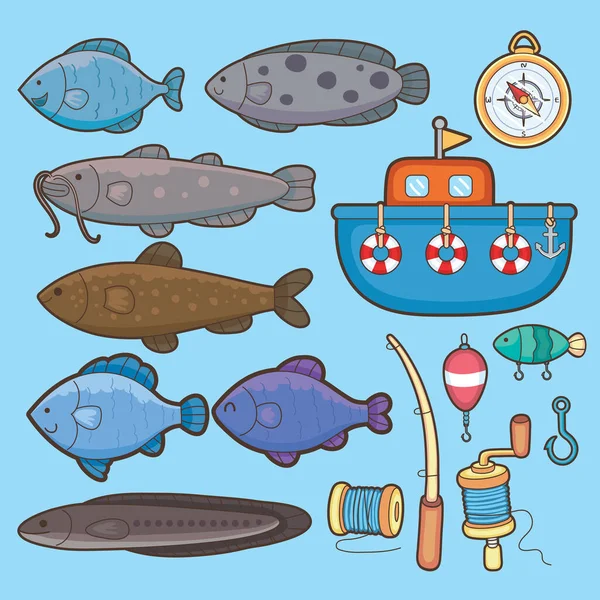 Dibujos Animados Conjunto Plantilla Pesca Vector Ilustración — Vector de stock