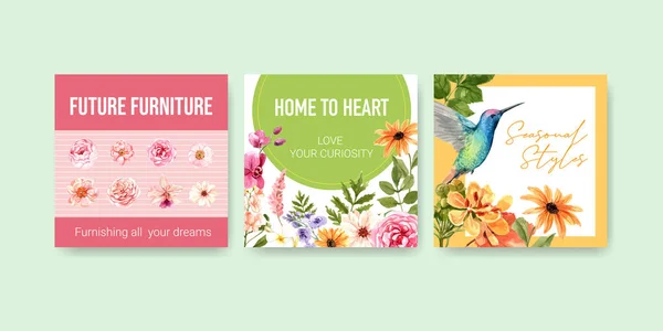 Snygga Sommarblommor Med Kolibri Kort Mall Design Med Text Vektor — Stock vektor