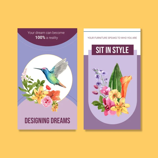 Stylish Summer Flowers Hummingbird Flyers Template Design Text Vector Illustration — Stock Vector