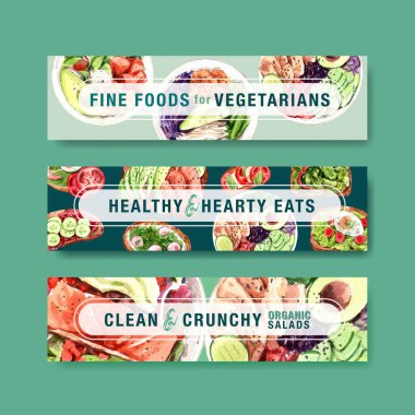 Sağlıklı gıda afişi şablon tasarımı kupon, broşür ve reklam suluboya vektör çizimi