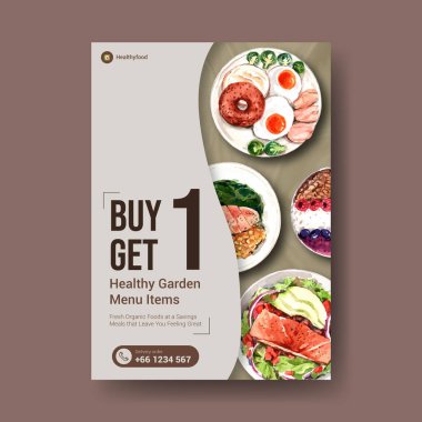 Afiş, broşür, broşür, broşür ve reklam suluboya vektör çizimi için sağlıklı ve organik gıda tasarımı içeren poster şablonu