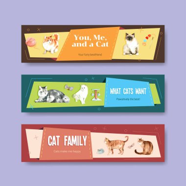 Şirin kediler suluboya resimlerini tanıtmak ve pazarlamak için şablon tasarımı yapıyorlar.