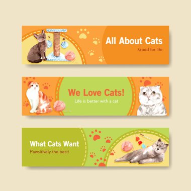 Şirin kediler suluboya illüstrasyonunun reklam ve pazarlanması için şablon tasarımı