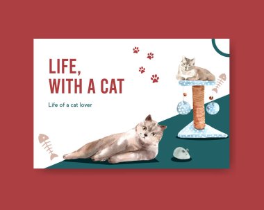 Sosyal medya, reklam ve online topluluk suluboya illüstrasyonu için şirin kedili Facebook şablonu tasarımı