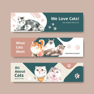 Şirin kediler suluboya illüstrasyonunun reklam ve pazarlanması için şablon tasarımı