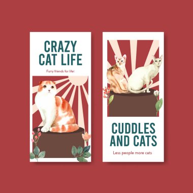 Broşür, reklam ve broşür için şirin kedili el ilanı tasarımı ve suluboya resimleme broşürü