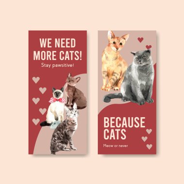 Broşür, reklam ve broşür için şirin kedili el ilanı tasarımı ve suluboya resimleme broşürü