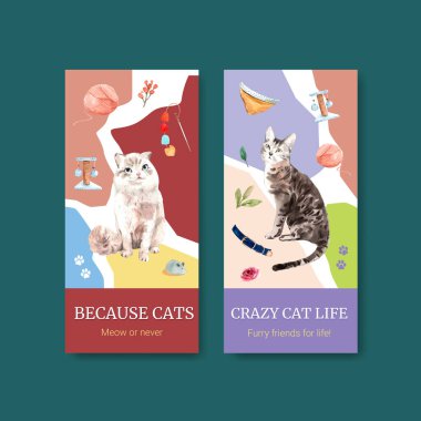 Broşür, reklam ve broşür için şirin kedili el ilanı tasarımı ve suluboya resimleme broşürü