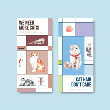 Broşür, reklam ve broşür için şirin kedili el ilanı tasarımı ve suluboya resimleme broşürü