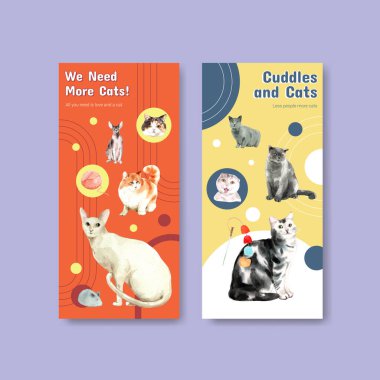 Broşür, reklam ve broşür için şirin kedili el ilanı tasarımı ve suluboya resimleme broşürü