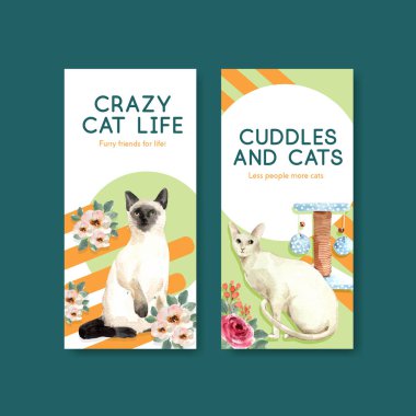 Broşür, reklam ve broşür için şirin kedili el ilanı tasarımı ve suluboya resimleme broşürü