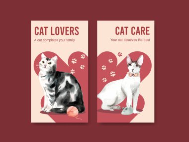 Sosyal medya ve çevrimiçi topluluk suluboya çizimi için şirin kedili Instagram şablonu tasarımı