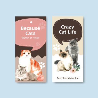 Broşür, reklam ve broşür için şirin kedili el ilanı tasarımı ve suluboya resimleme broşürü