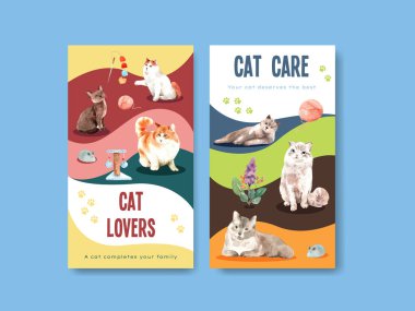 Sosyal medya ve çevrimiçi topluluk suluboya çizimi için şirin kedili Instagram şablonu tasarımı