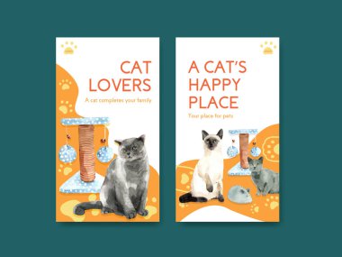 Sosyal medya ve çevrimiçi topluluk suluboya çizimi için şirin kedili Instagram şablonu tasarımı