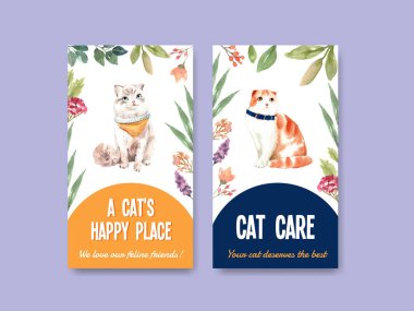 Sosyal medya ve çevrimiçi topluluk suluboya çizimi için şirin kedili Instagram şablonu tasarımı