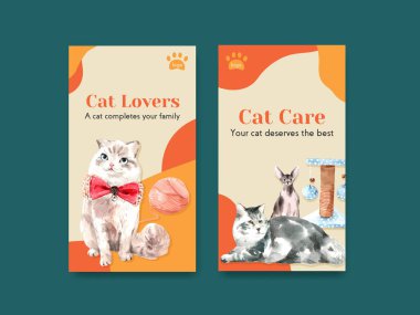 Sosyal medya ve çevrimiçi topluluk suluboya çizimi için şirin kedili Instagram şablonu tasarımı