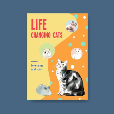Broşür için sevimli kedili poster şablonu tasarımı ve suluboya illüstrasyon reklamı