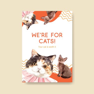 Broşür için sevimli kedili poster şablonu tasarımı ve suluboya illüstrasyon reklamı