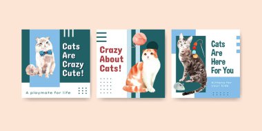 Broşür ve pazarlama suluboya illüstrasyonu için kedi ile şablon tasarımını tanıt