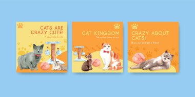 Broşür ve pazarlama suluboya illüstrasyonu için kedi ile şablon tasarımını tanıt