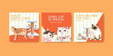 Broşür ve pazarlama suluboya illüstrasyonu için kedi ile şablon tasarımını tanıt