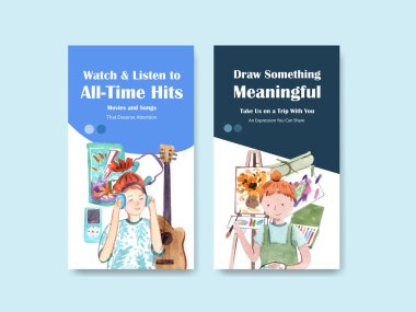 Çevrimiçi suluboya illüstrasyonunun reklam ve pazarlanması için günlük yaşam tasarımı ile Instagram şablonu