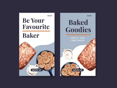 Çevrimiçi topluluk ve sosyal pazarlama suluboya çizimi için fırın tasarımı ile Instagram şablonu