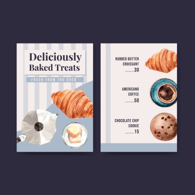 Restoran ve yemek dükkanı suluboya çizimi için fırın şablonu tasarımı menüsü